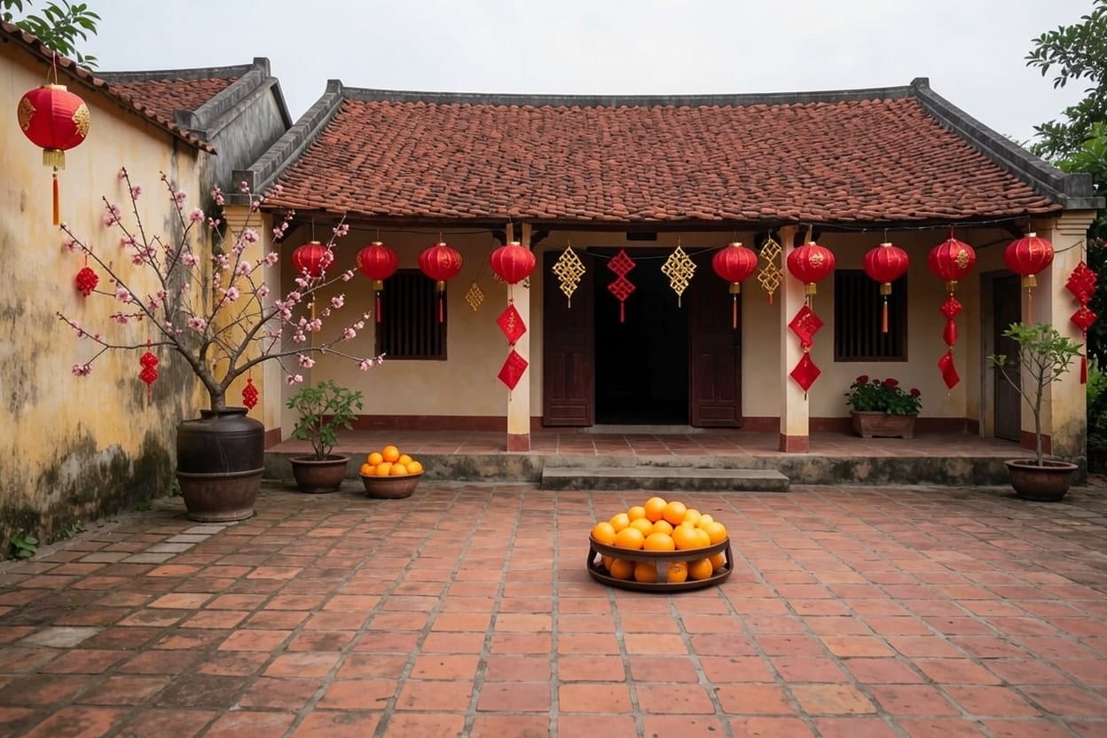 Nhà quê mái ngói trang trí Tết với đèn lồng đỏ dọc hiên, chậu quất và cành hoa đào bày trên sân gạch