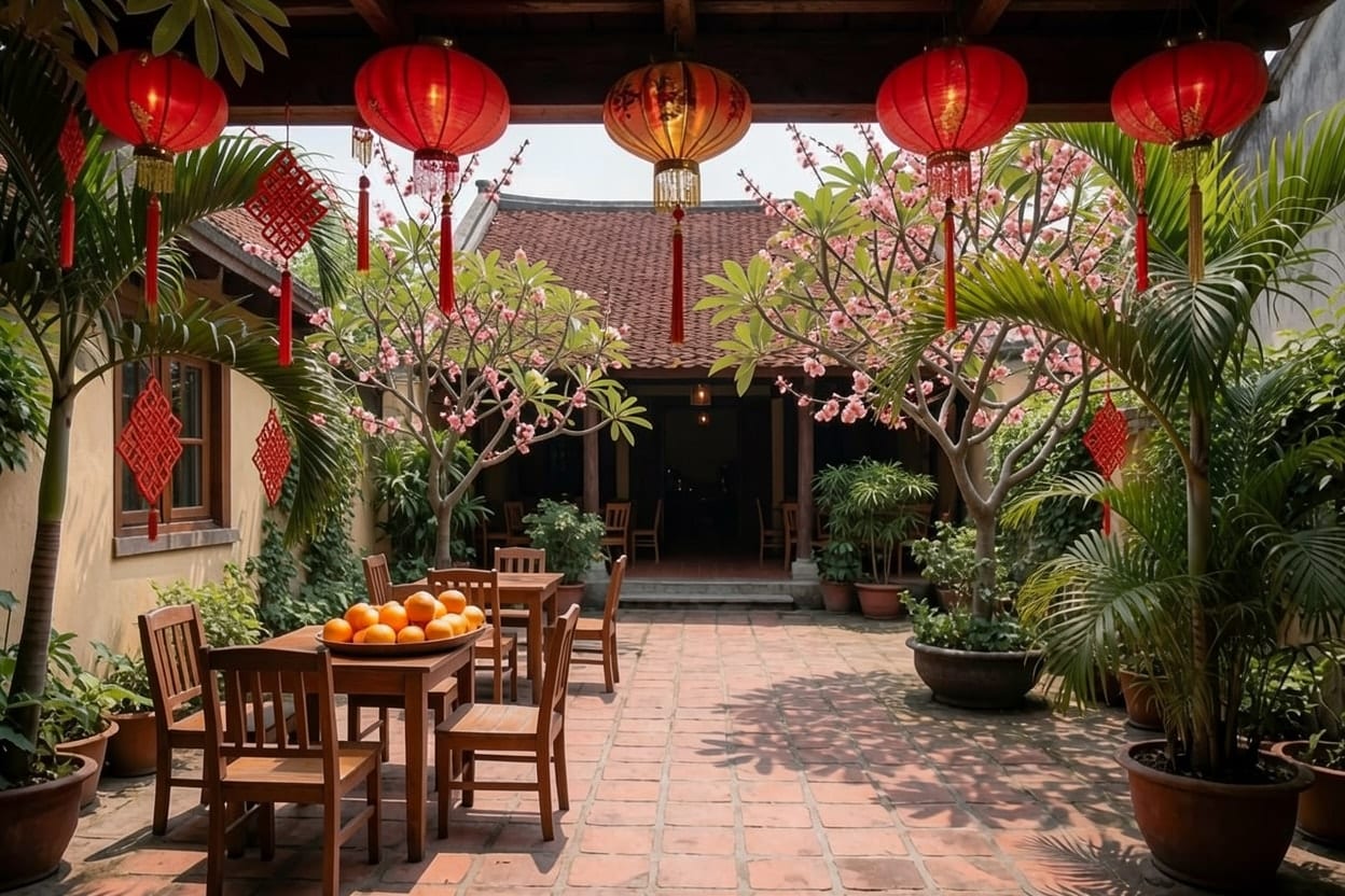 Sân quán cà phê sân vườn trang trí Tết với đồ trang trí đỏ xen giữa cây xanh, bàn ghế gỗ giữ nguyên vị trí