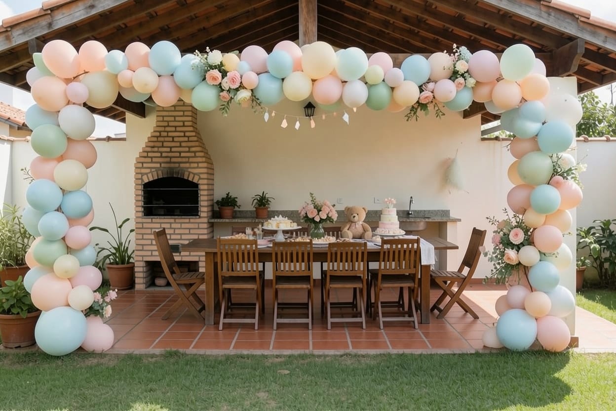 A covered barbecue terrace with a long wooden table, decorated for a baby shower.