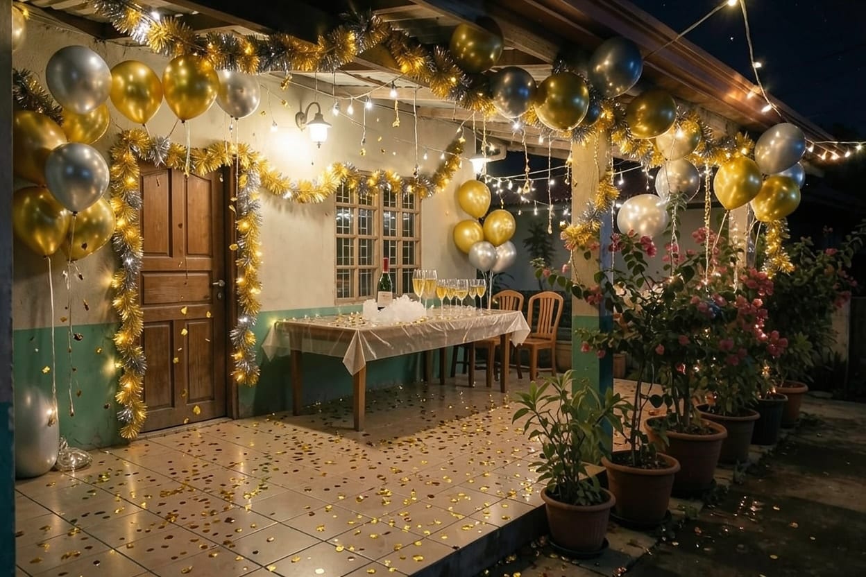 Parehong terasa na dinekorasyunan para sa Bisperas ng Bagong Taon, may ginto at pilak na lobo, garland at string lights