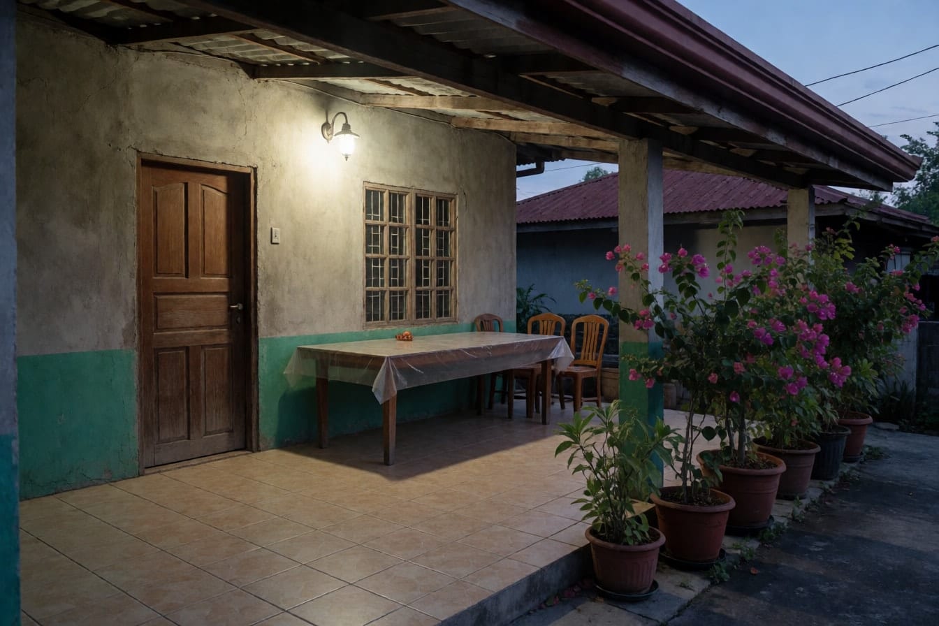 Terasa ng bahay sa takipsilim, may tiled na sahig, kahoy na pinto, bintanang may grills, mahabang mesa at mga paso ng bougainvillea