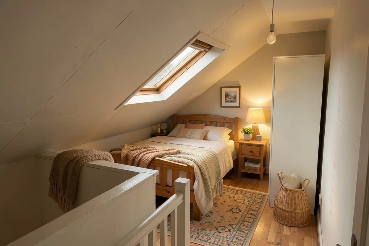 Dasselbe Dachzimmer gemütlich eingerichtet mit warmen hellen Farben auf Wand und Schräge, weichen Textilien und Tischleuchten