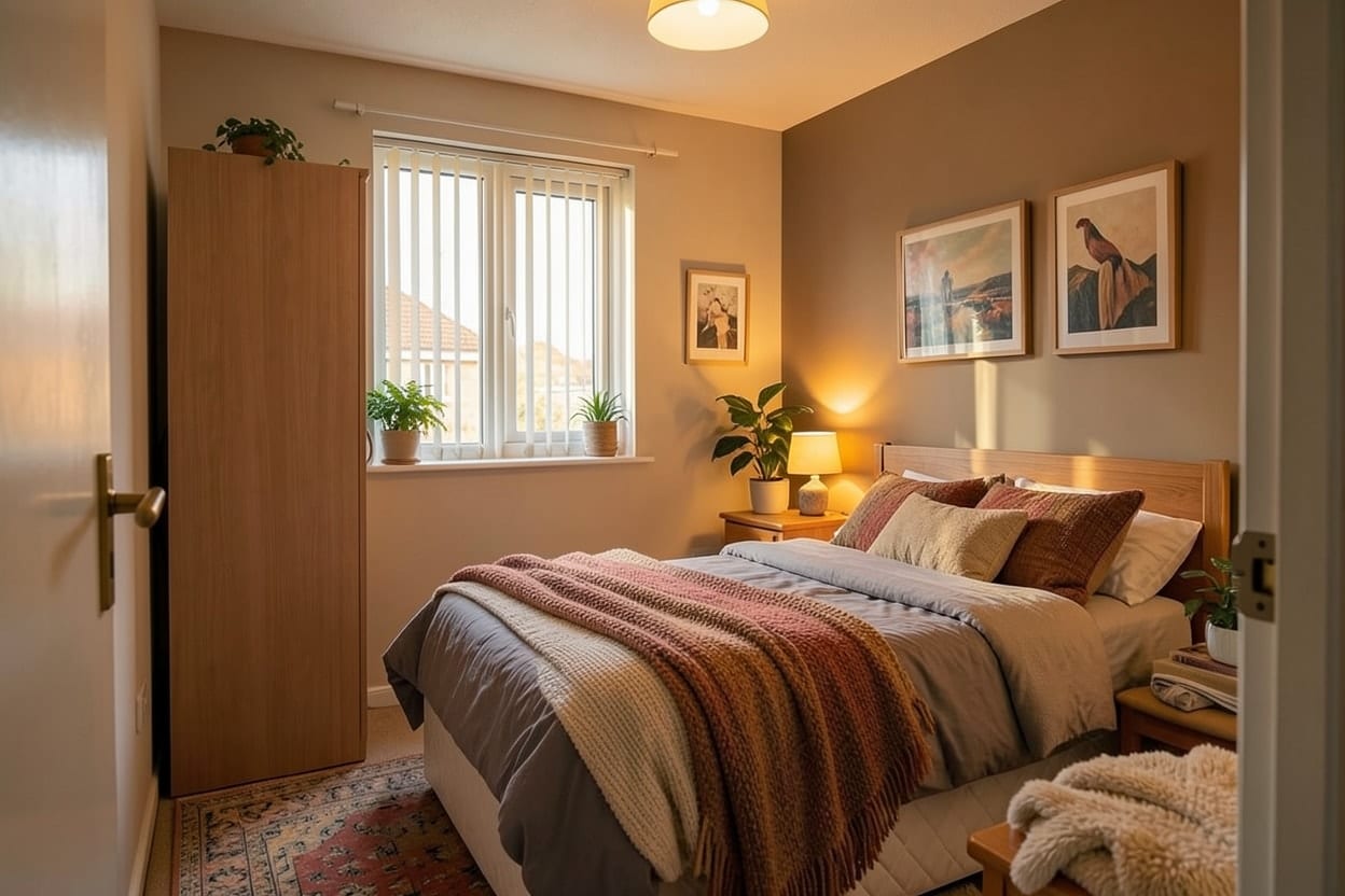 A small bedroom decorated in a cozy style with layered bedding, warm lamps, a soft rug and framed art