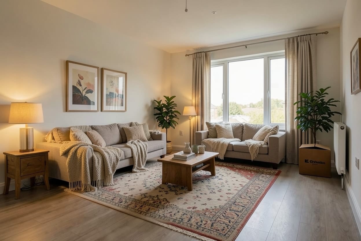 The same living room furnished in a cozy style with a deep sofa, throws, a rug and warm lamps