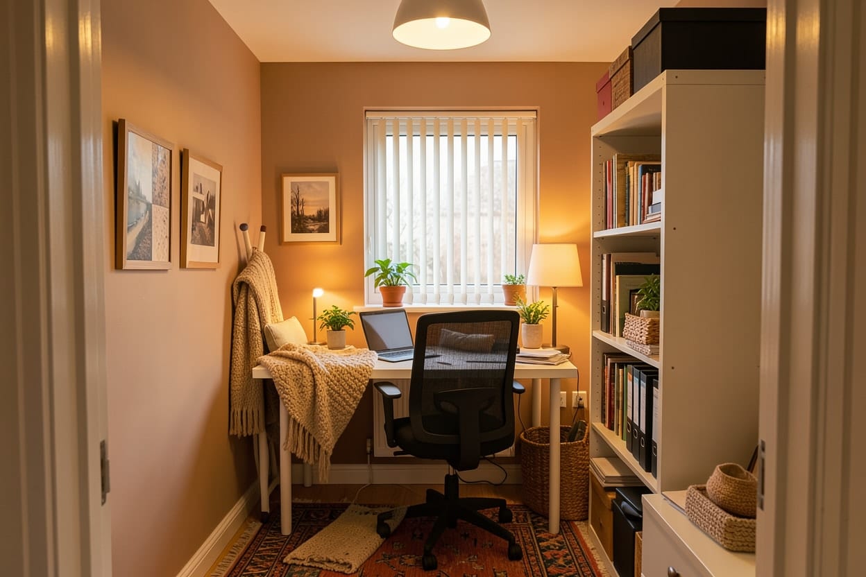 The same home office refreshed in a cozy style, with the desk and shelves in place and warmer decor