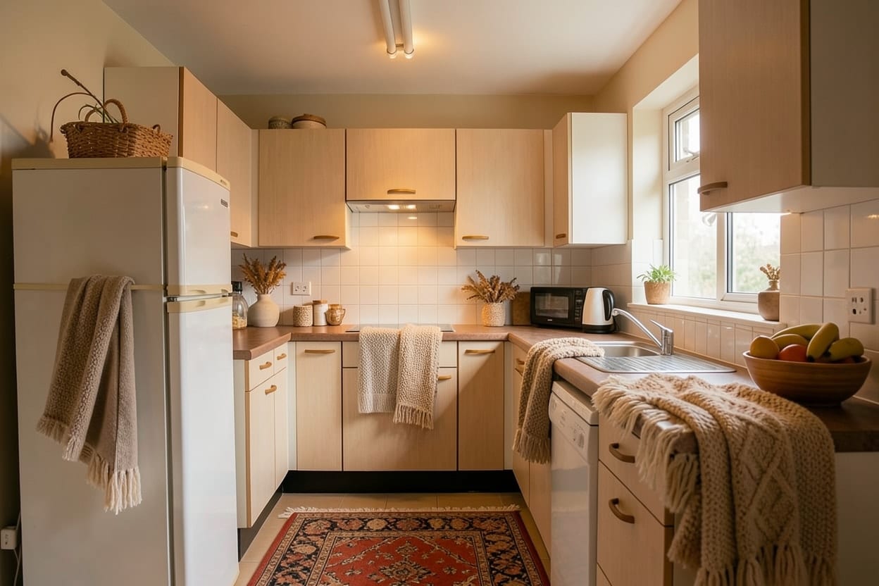 The same kitchen in a cozy style, with the cabinets in place and new fronts, colors and lighting