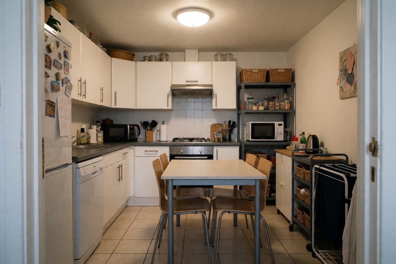 Masikip na kusina na may parisukat na mesa sa gitna, metal na estante na may microwave na humaharang sa ref at sampayan sa sulok