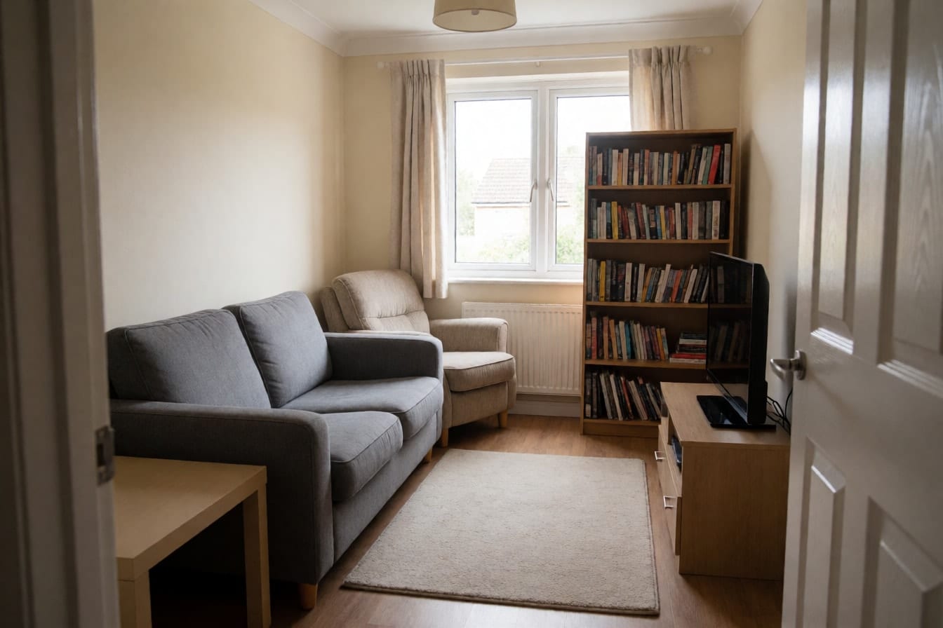 A small living room with a sofa against the wall, an armchair facing the window and a bookshelf blocking light