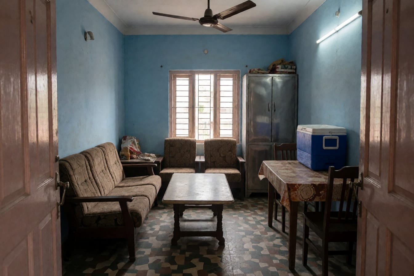 छोटे घर का भरा हुआ हॉल: बीच में सोफ़ा और कुर्सियाँ, बड़ी सेंटर टेबल, कूलर और कोने में स्टील की अलमारी