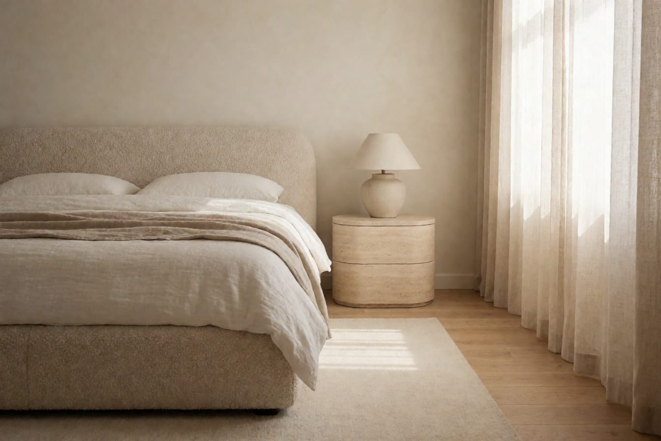 Ruhiges Schlafzimmer in Cremetönen mit Bouclébett, Travertin-Nachttisch, Kalkputzwänden und hellen Eichendielen