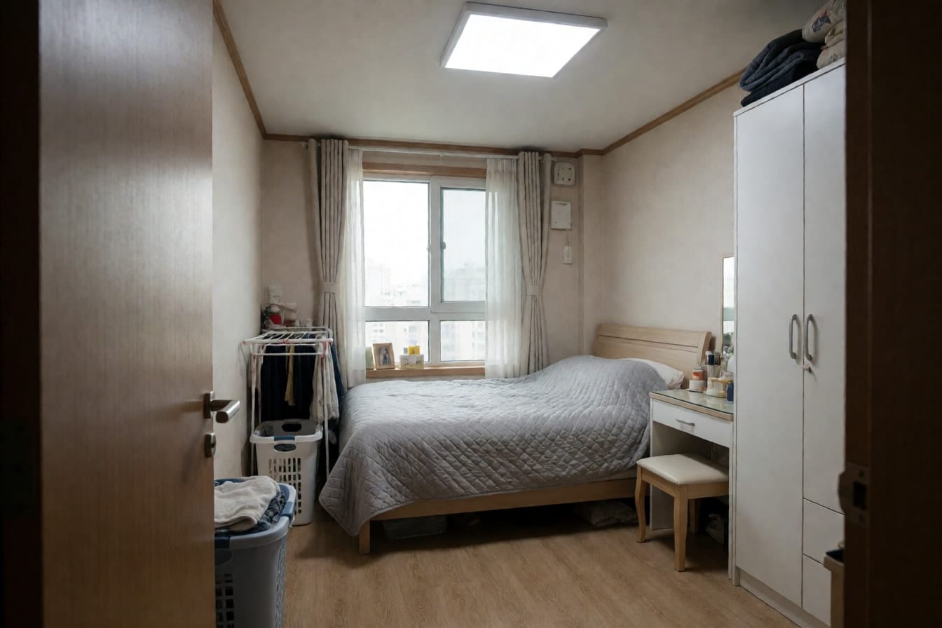 침대가 창을 가리고 화장대와 빨래 건조대가 좁은 틈에 끼어 있는 비좁은 안방