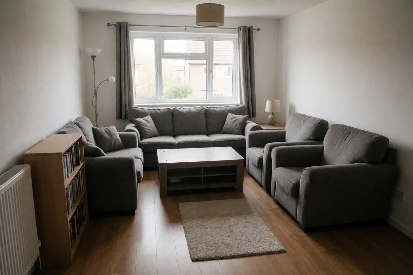 Een woonkamer met een grote grijze bank voor het raam, twee fauteuils tegen elkaar en een staande lamp in de looproute
