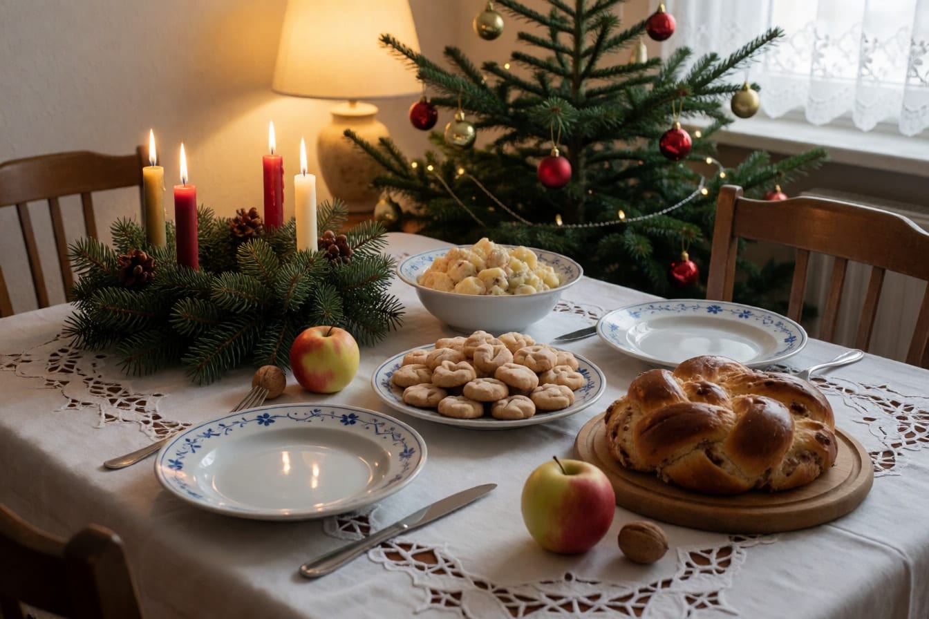 Štědrovečerní stůl s bílým vyšívaným ubrusem, adventním věncem se čtyřmi svíčkami, talířem cukroví a vánočkou na prkénku