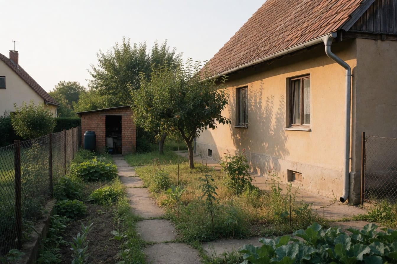 Dlouhá úzká zahrada za rodinným domem s okrovou omítkou, popraskaná betonová cesta, zaplevelený zeleninový záhon, ovocné stromy, pletivový plot a malá cihlová kůlna