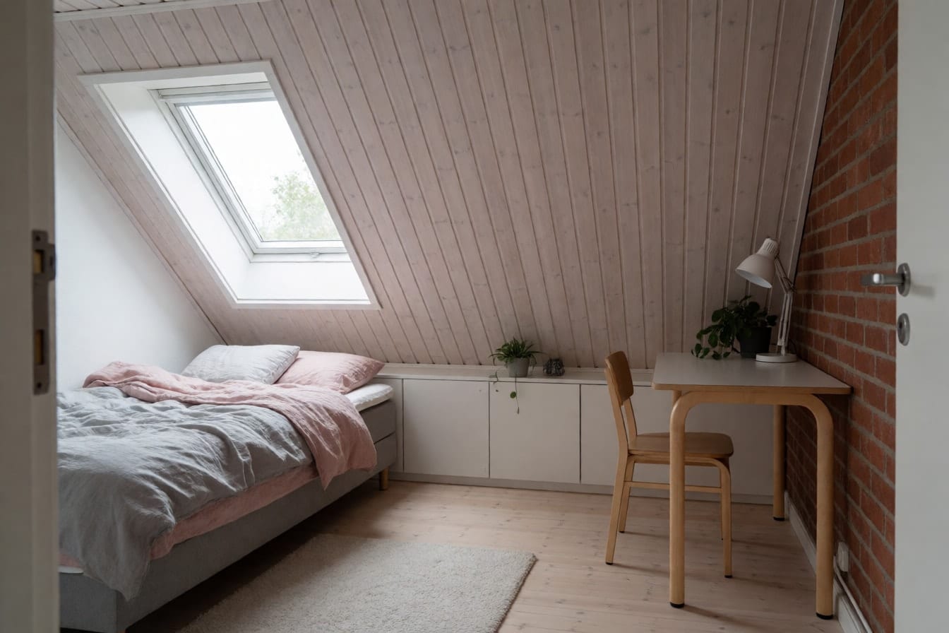 Teenageværelse under et skråt loft med hvidmalede brædder, seng med gråt og støvet rosa sengetøj under et ovenlysvindue og lave hvide skabe langs skunken
