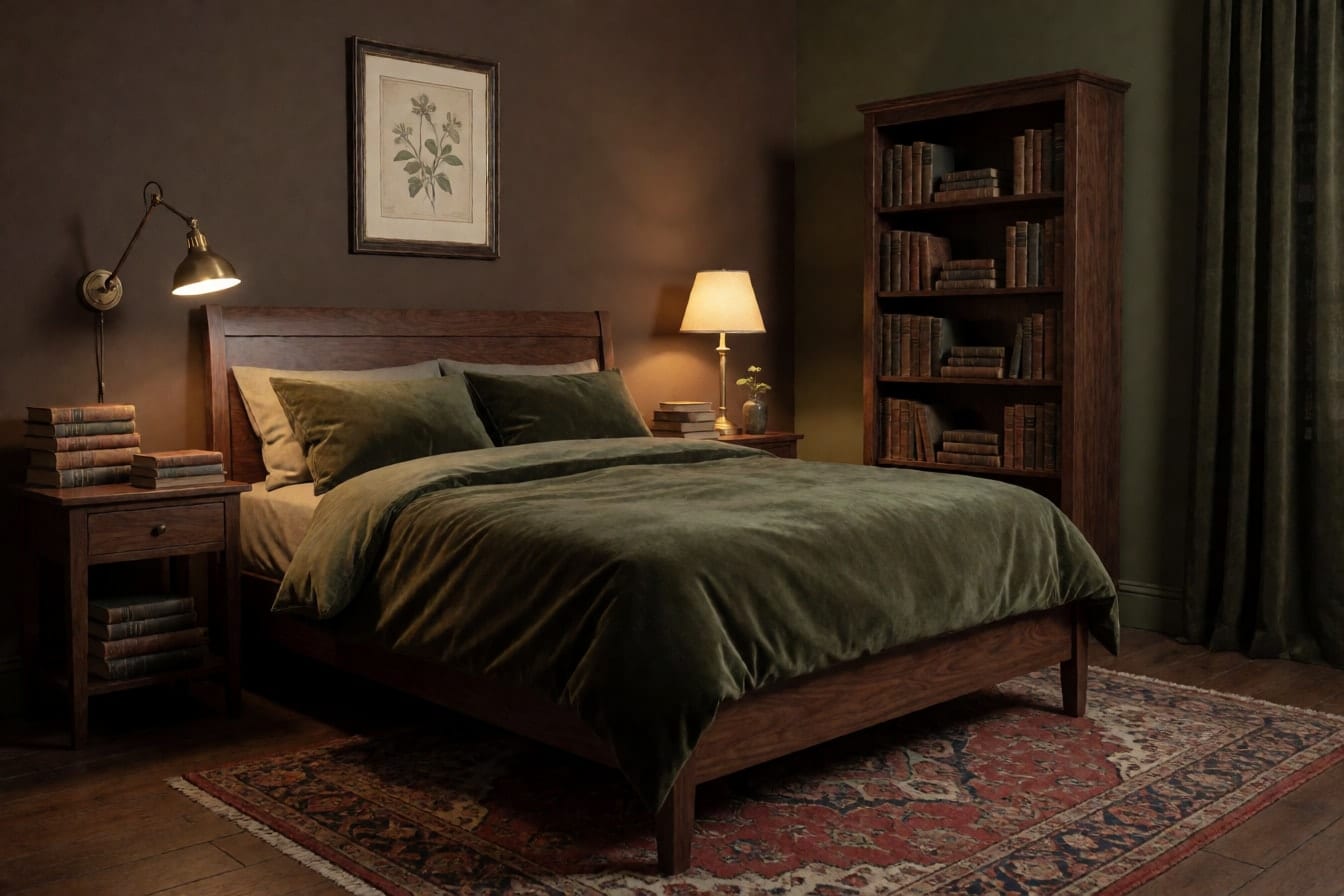 Schlafzimmer im Dark-Academia-Stil mit dunklen Wänden, Nussbaumbett mit olivgrüner Samtbettwäsche, Bücherstapeln und leuchtender Messinglampe