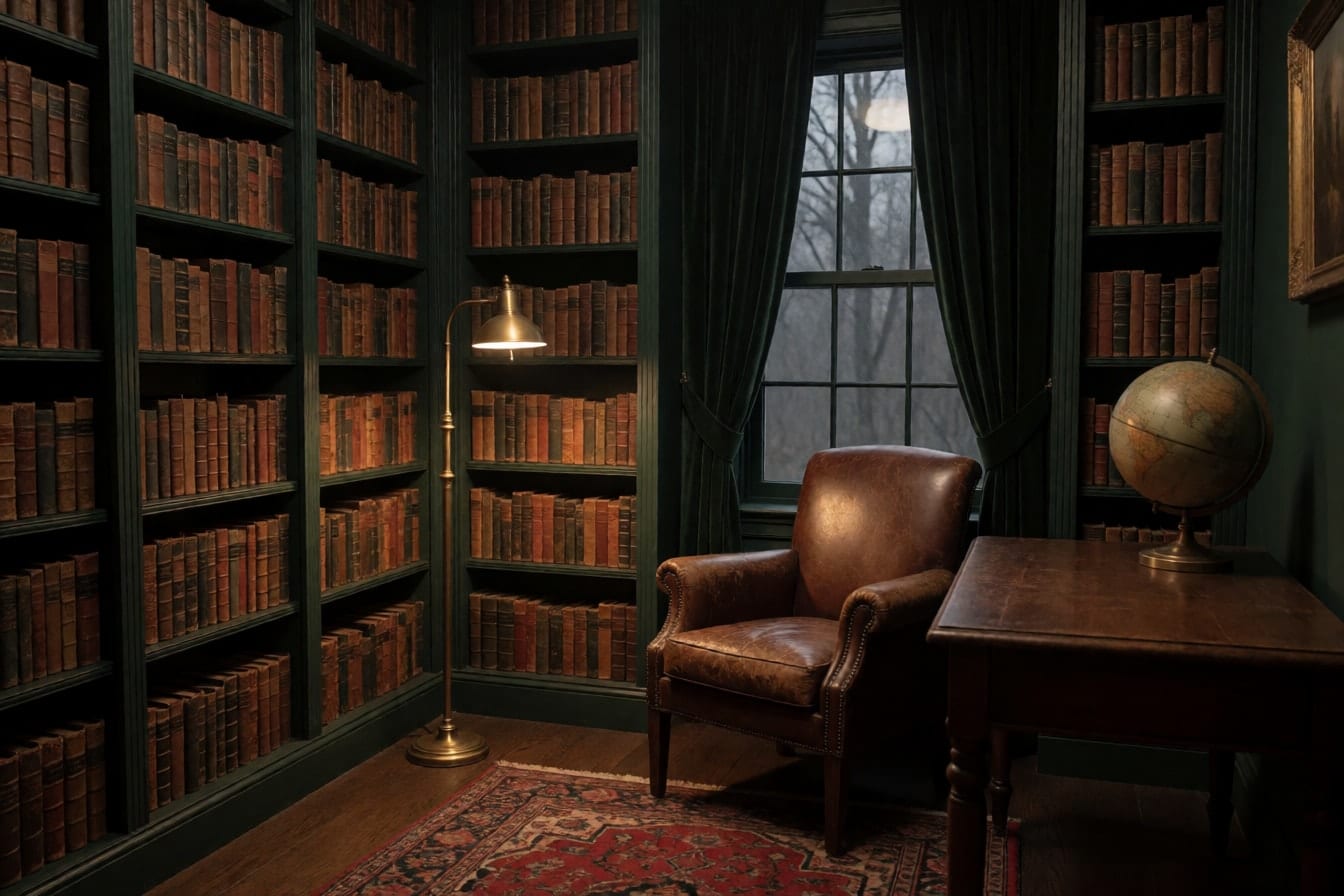 A dark academia reading room with dark green bookshelves, a leather armchair and a brass lamp