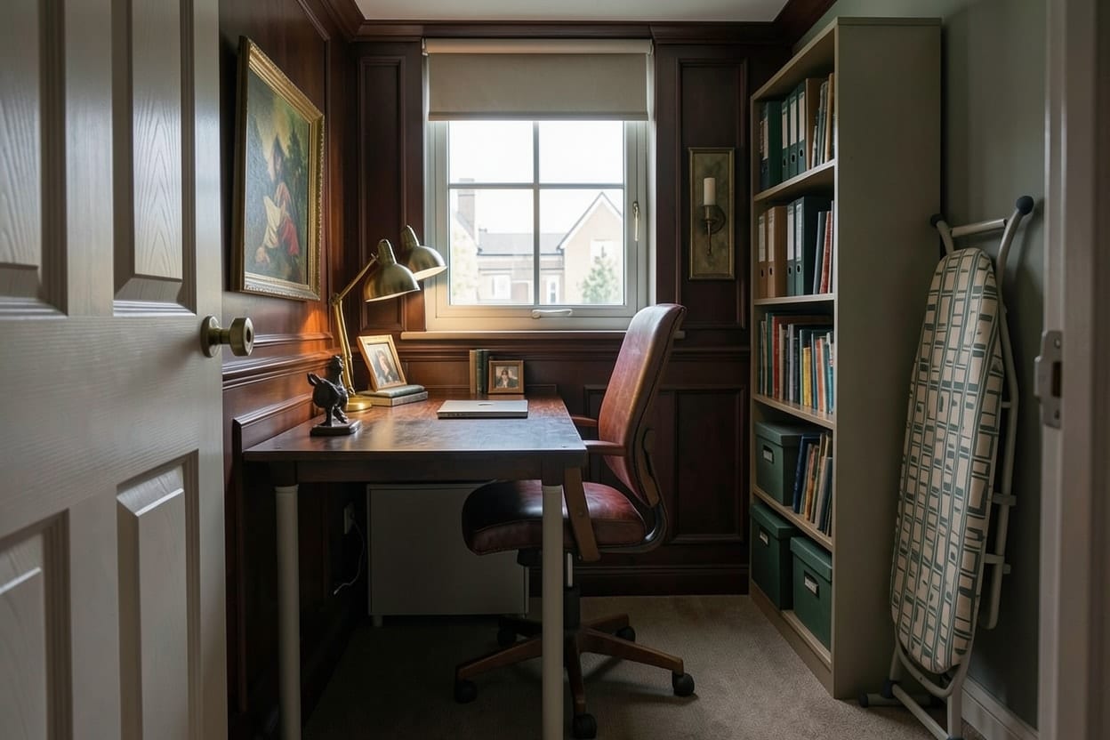 The same room as a dark academia study with a wooden desk, a leather chair and full bookshelves
