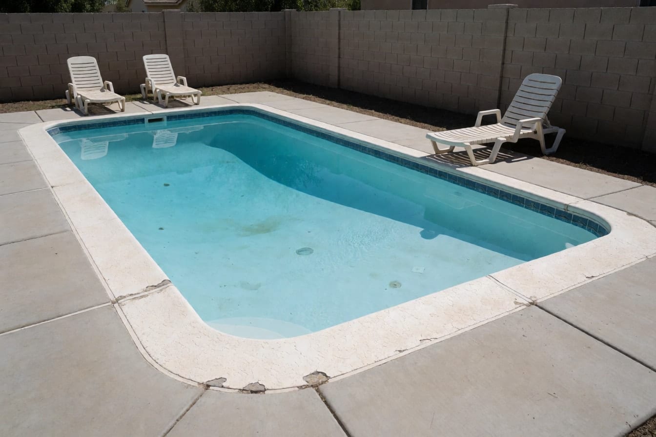 Piscina rectangular antigua con borde blanco descascarillado, solado de hormigón gris y dos tumbonas de plástico