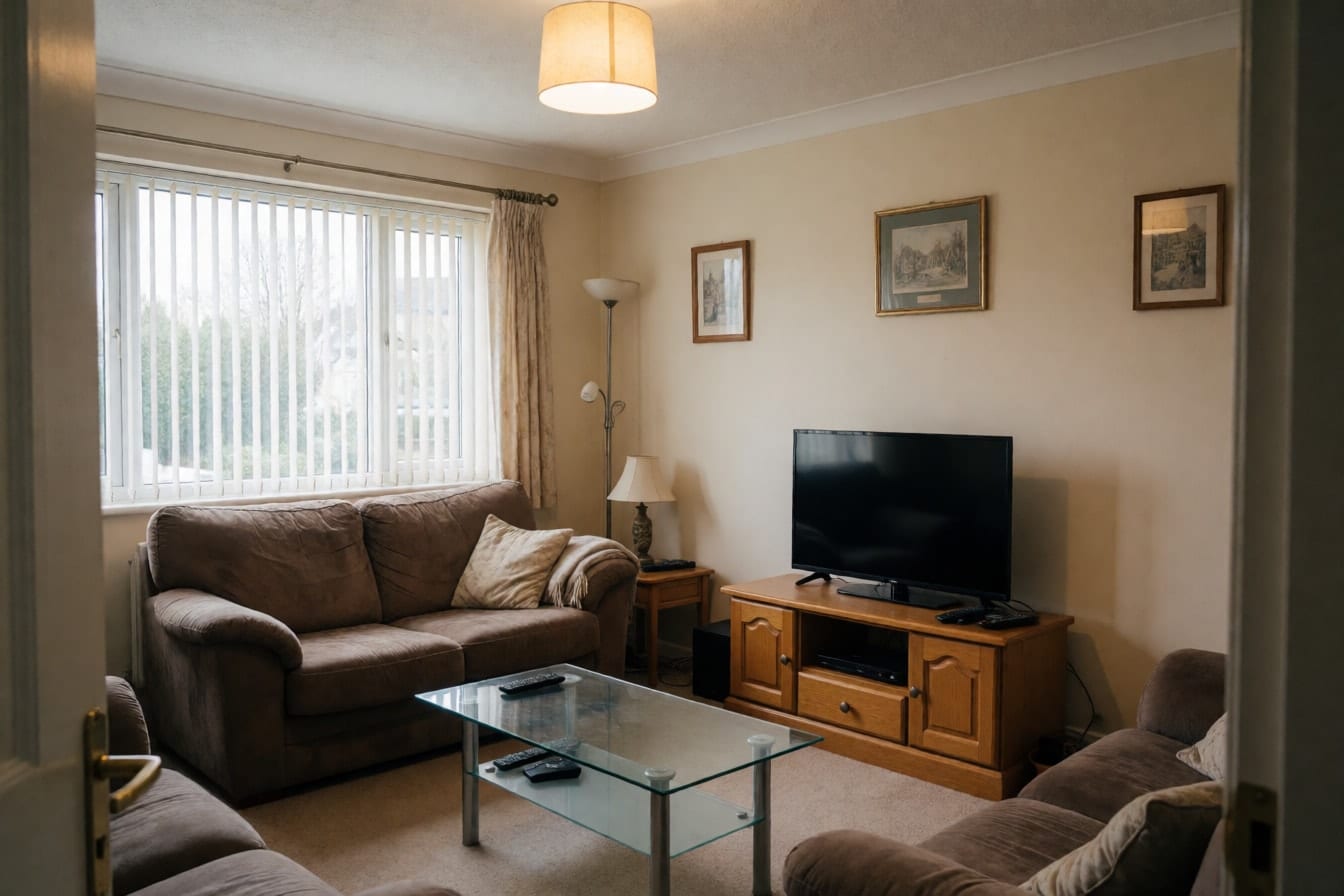 A suburban living room with a worn brown sofa, a honey oak TV stand and mismatched framed prints