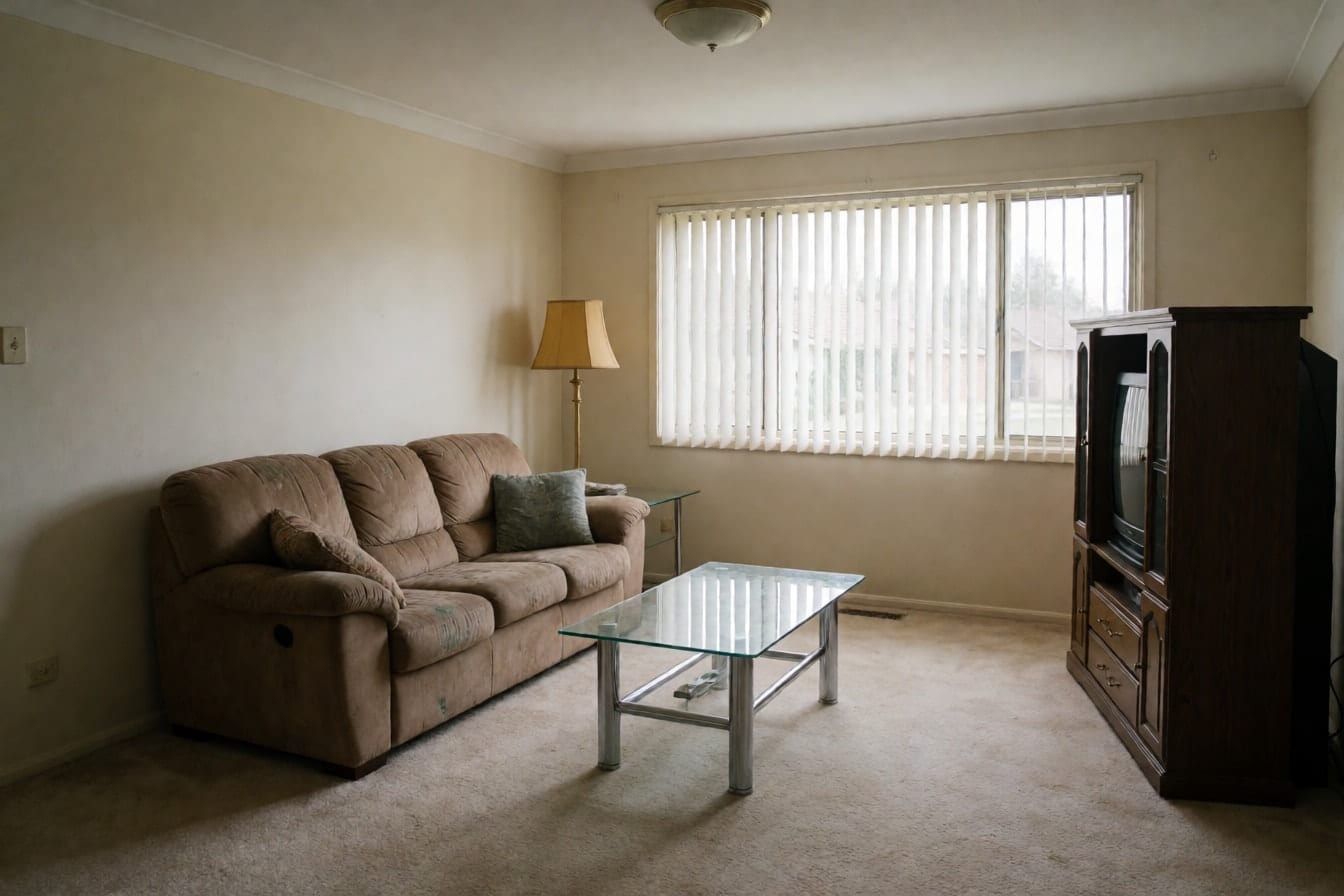 A living room with a worn tan sofa, a bulky dark TV cabinet and cream walls