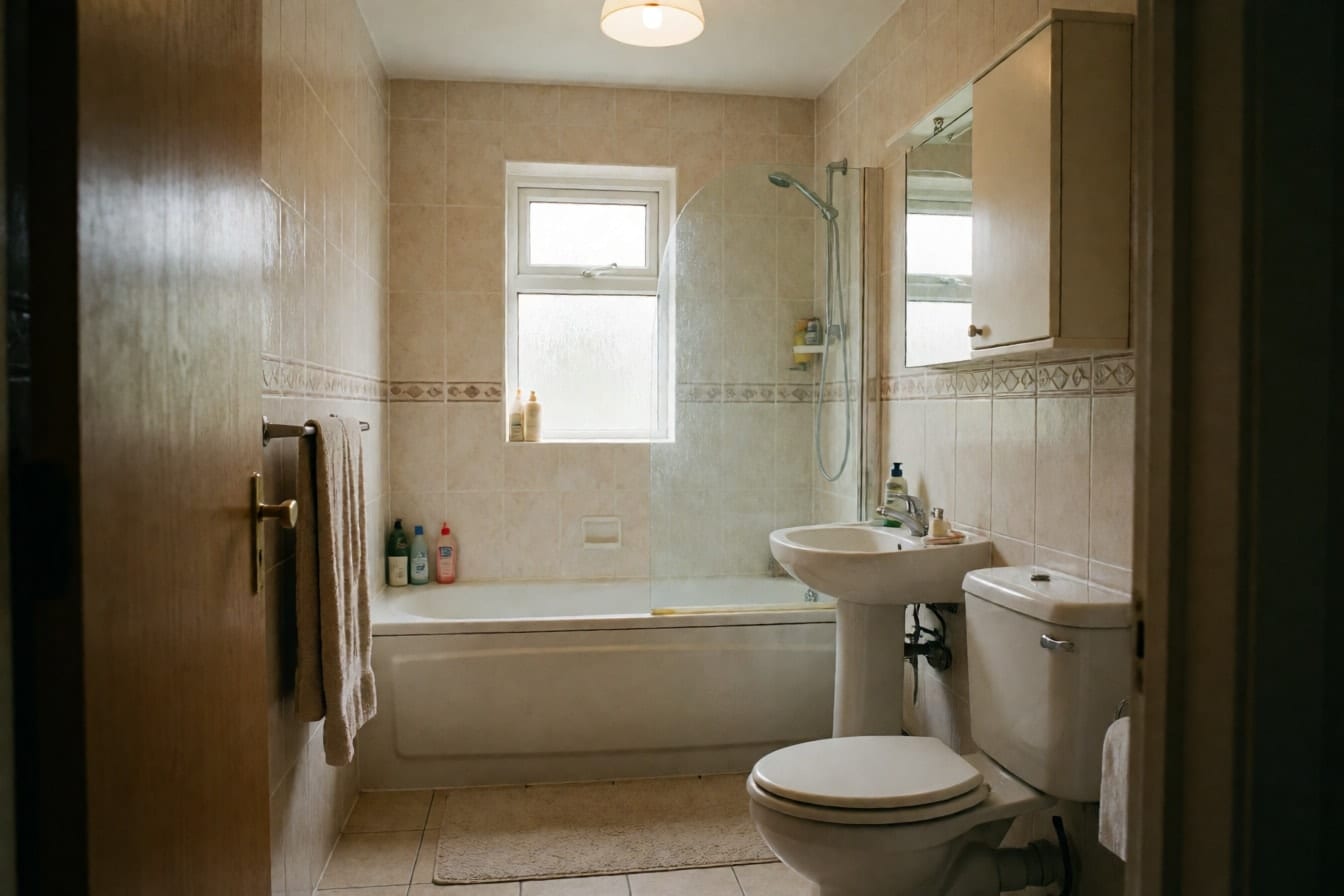Cuarto de baño antiguo con azulejos beige y cenefa decorativa, bañera con mampara curva, lavabo de pie e inodoro blanco