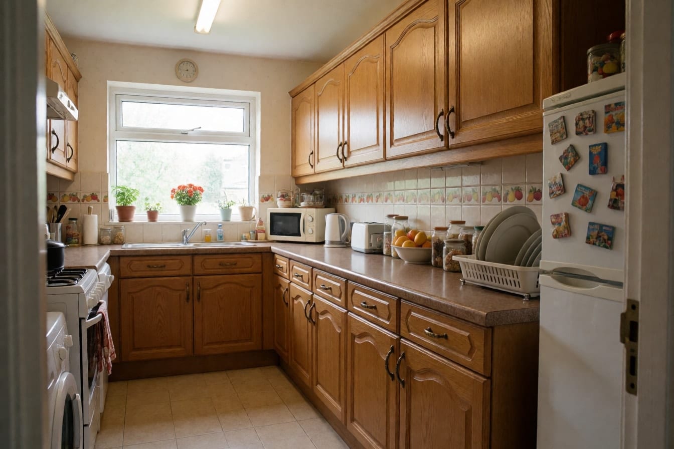 Dapur lama dengan lemari kayu oak bergagang kuningan, meja penuh peralatan, dan keramik dinding krem