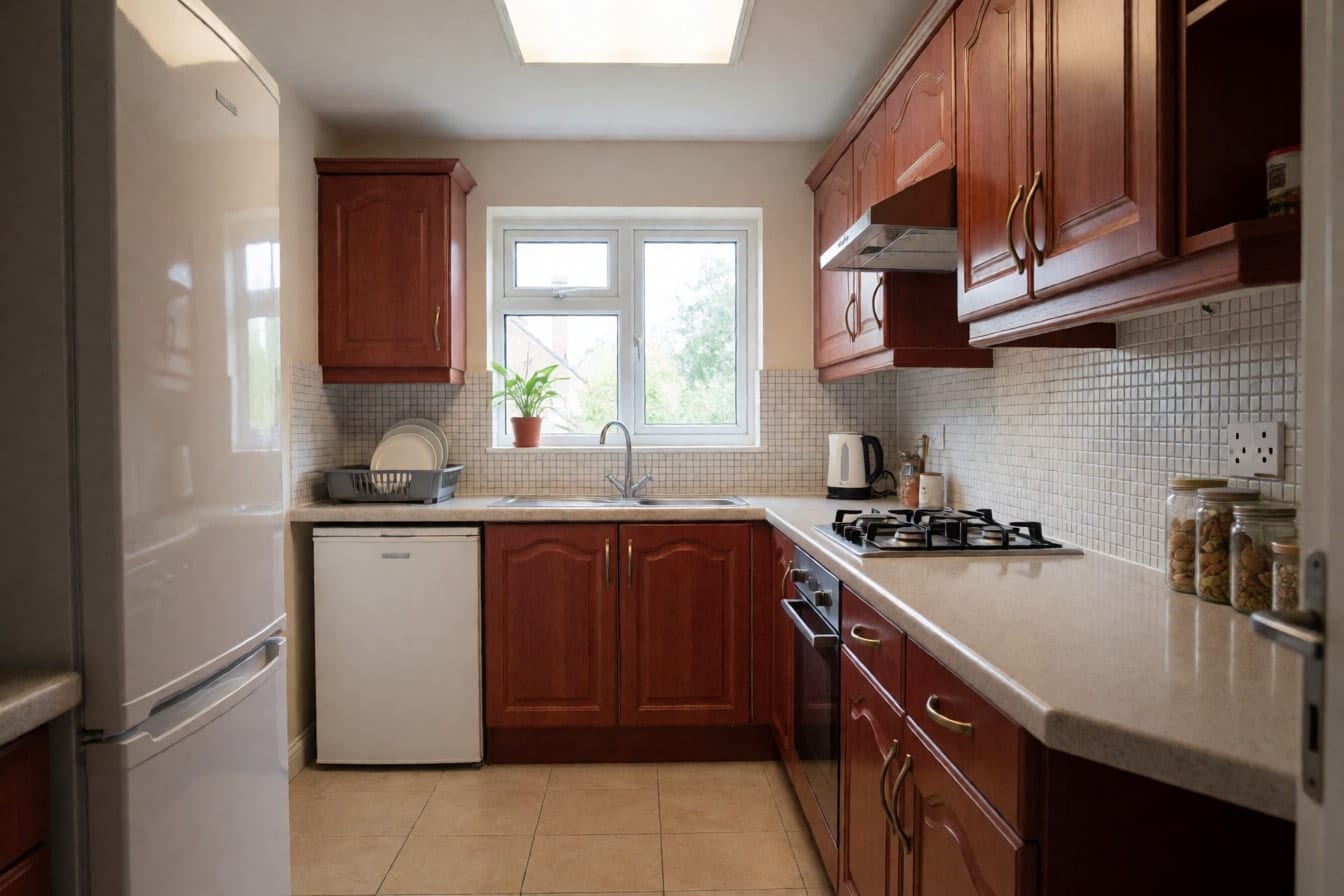 Cucina con ante in ciliegio e maniglie dorate, piano in laminato beige e piastrelle bianche quadrate