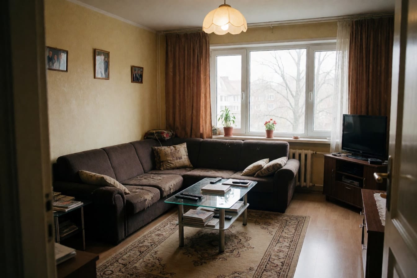 Een volle woonkamer met een donkerbruine hoekbank, zware bruine gordijnen en een beige vloerkleed met motief op laminaat