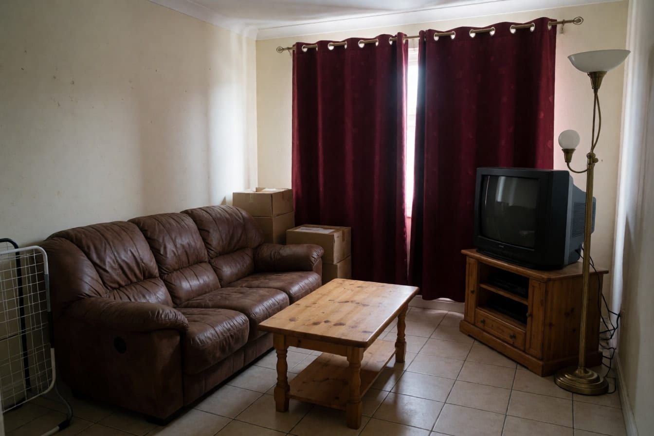 A furnished rental living room between tenants with a sagging brown sofa, heavy maroon curtains, boxes and a laundry rack