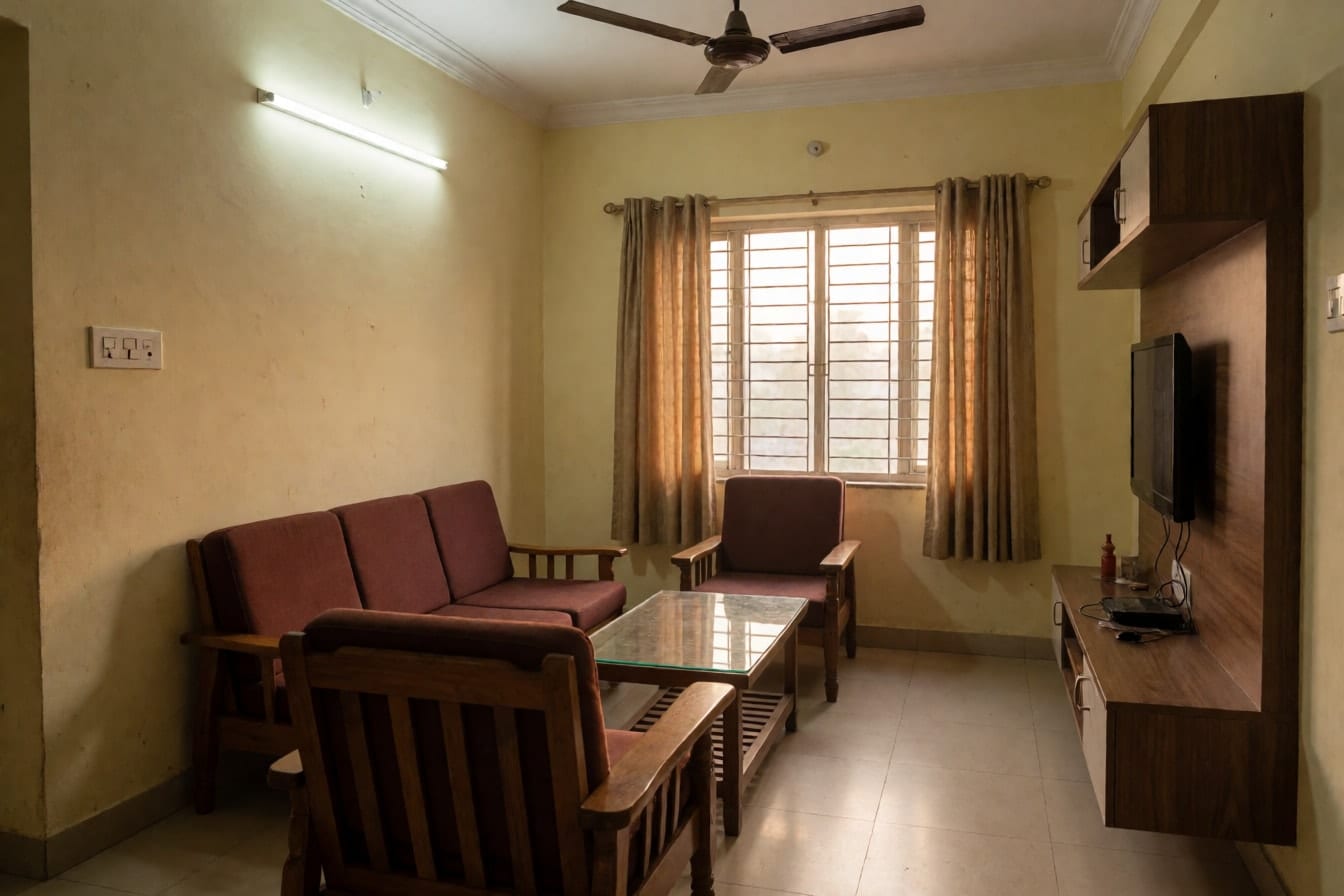हल्की पीली दीवारों वाला पुराना लिविंग रूम, मरून कुशन वाला लकड़ी का सोफ़ा, सीलिंग फ़ैन और भारी बेज पर्दे