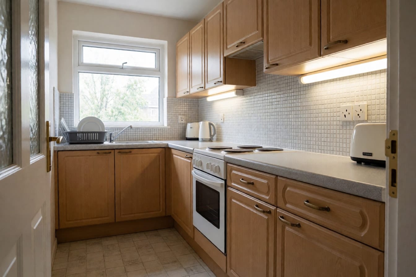 A dated kitchen with beech-effect cabinets, brass handles, a speckled gray laminate worktop and small white wall tiles