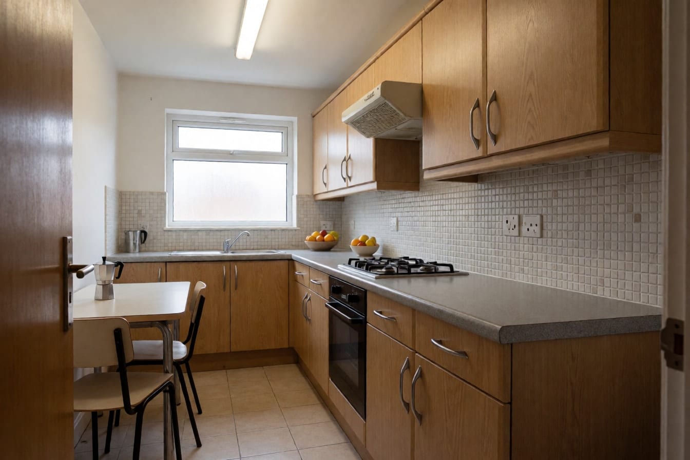 Una cucina datata con ante effetto rovere, piano in laminato grigio, piastrelline bianche e una moka sul ripiano