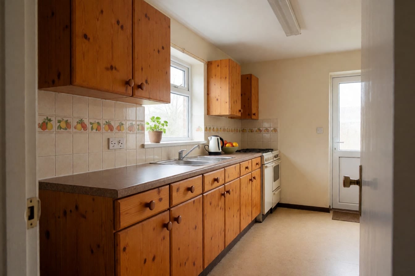Cocina antigua con muebles de pino anaranjado, encimera marrón moteada, azulejos crema con cenefa de frutas y fluorescente en el techo