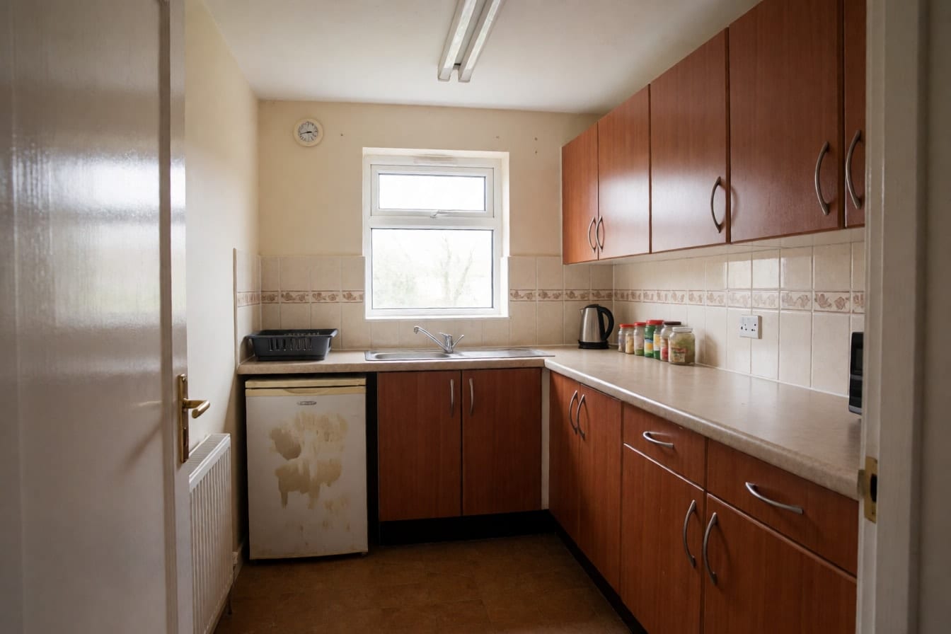 Een appartementskeuken met kersenhouten kastjes, een beige laminaat werkblad en crème wandtegels met een sierrand