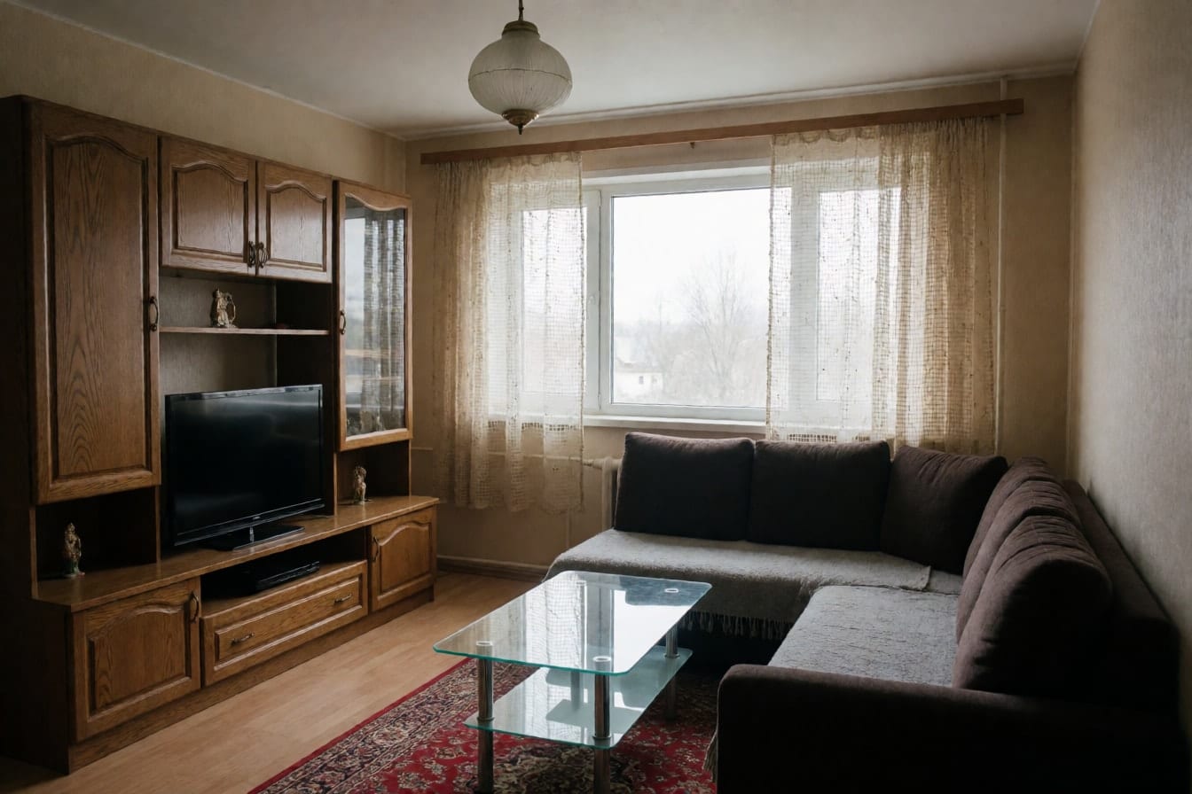 Etwas in die Jahre gekommenes Wohnzimmer mit dunkelbraunem Ecksofa, Eichenschrankwand, Glastisch und Gardinen
