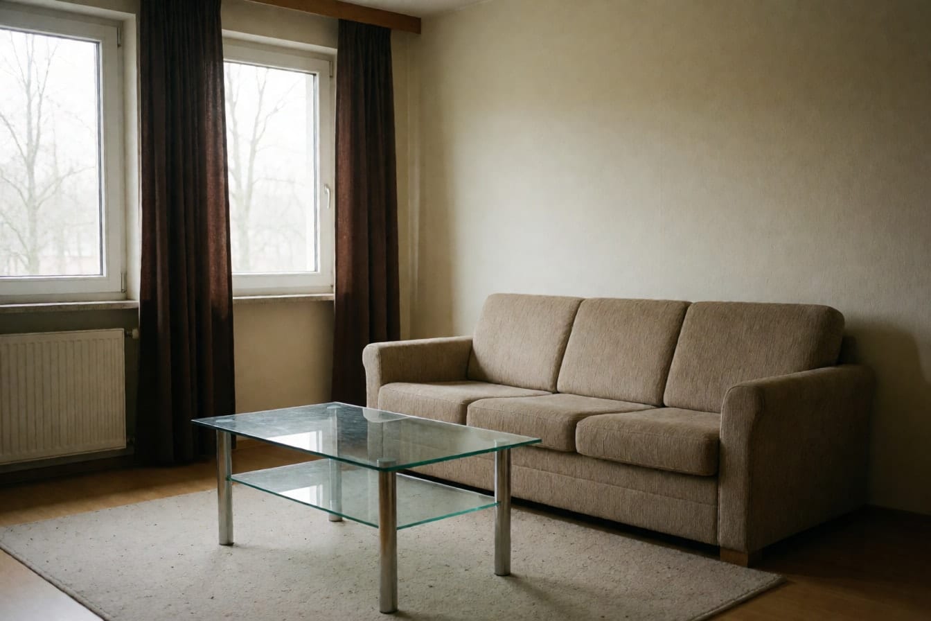 Etwas altmodisches Wohnzimmer mit beigem Sofa, Glascouchtisch und dunkelbraunen Vorhängen