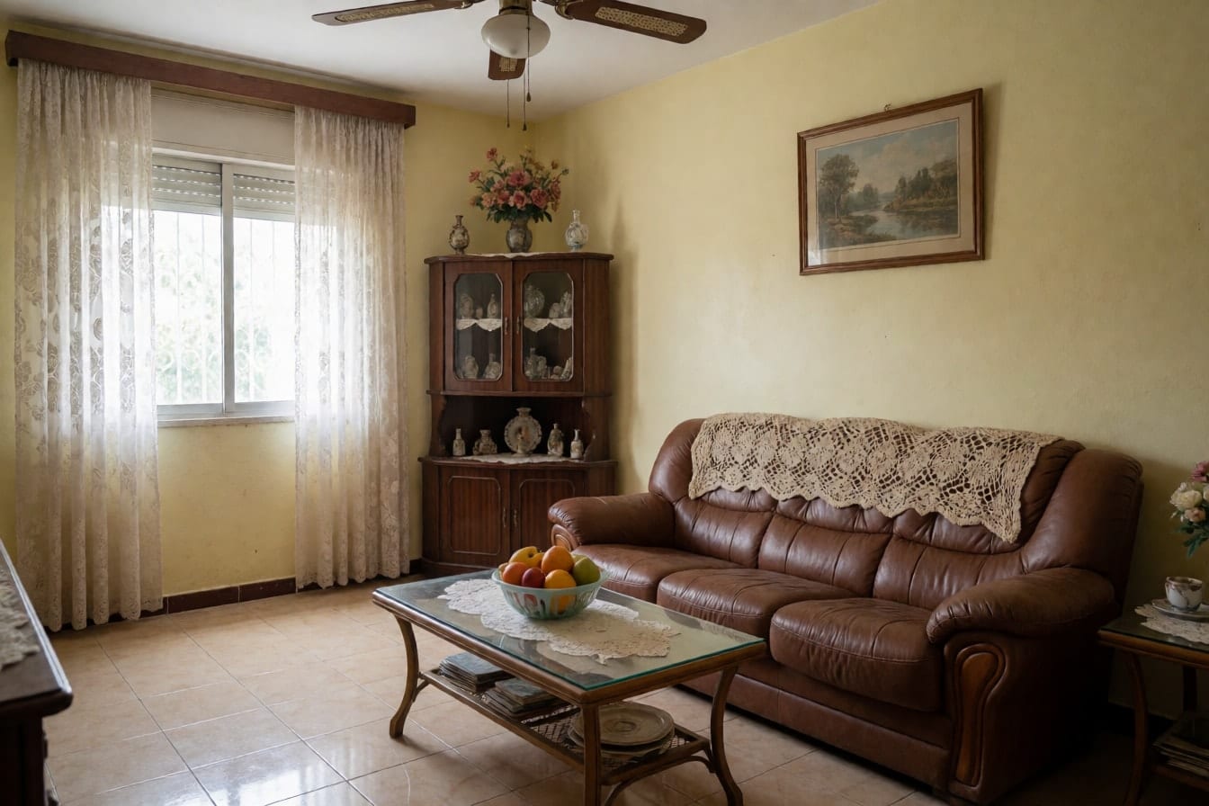 Sala antiga com sofá marrom de couro sintético, manta de crochê, cristaleira escura com enfeites, paredes amarelo-claras e cortina de renda