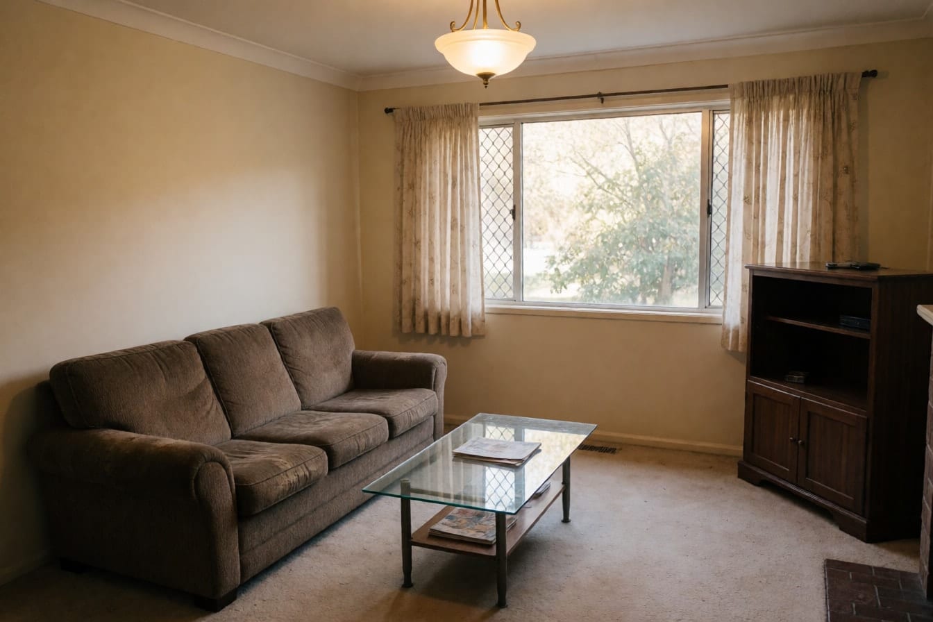 A lived-in living room with a brown fabric sofa, a dark wood TV cabinet and wall-to-wall carpet