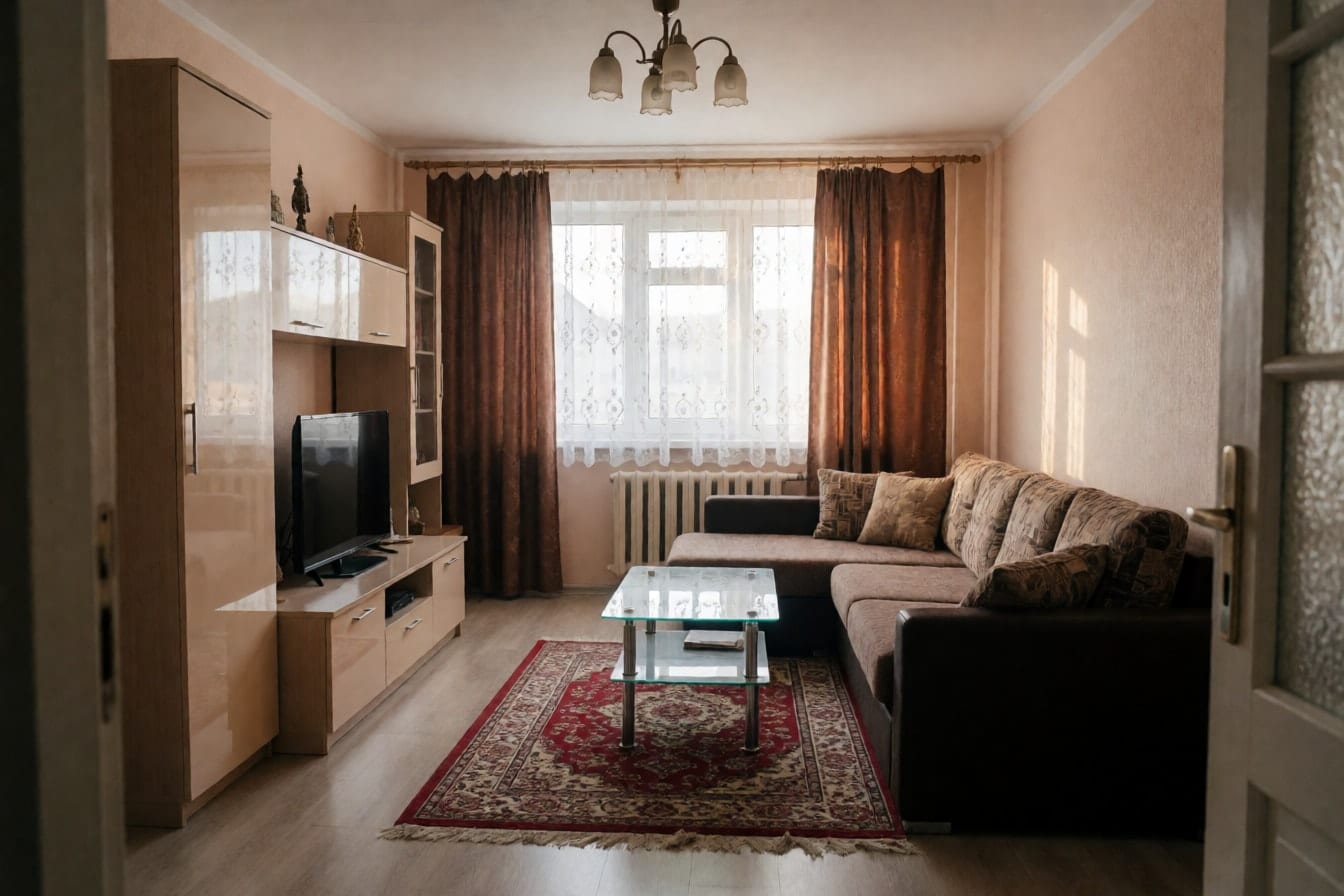Living de apartament cu canapea de colț maro, corp TV bej lucios, covor roșu cu crem și pereți piersicii