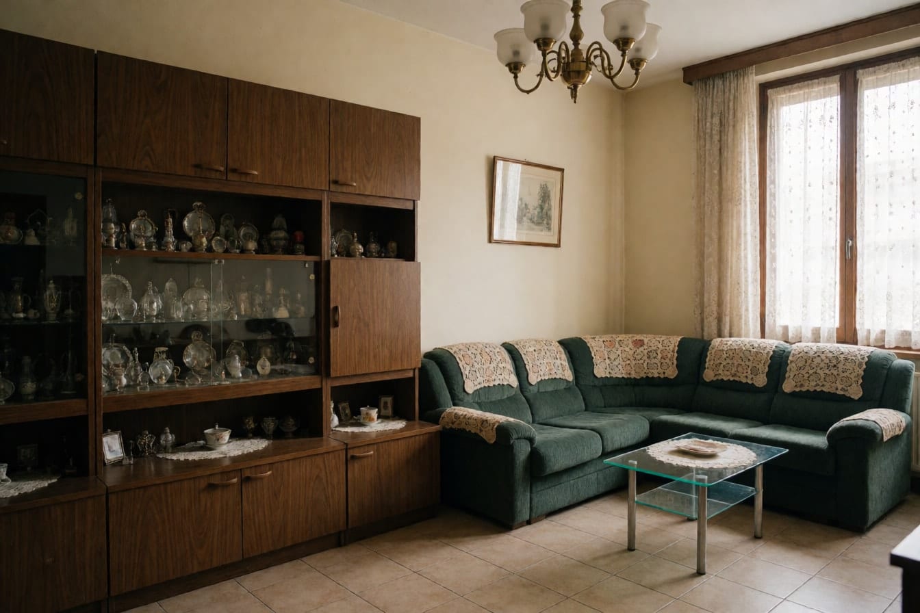 Un soggiorno anni Ottanta con divano angolare verde, parete attrezzata in noce con vetrinetta, pavimento in ceramica beige e tende di pizzo