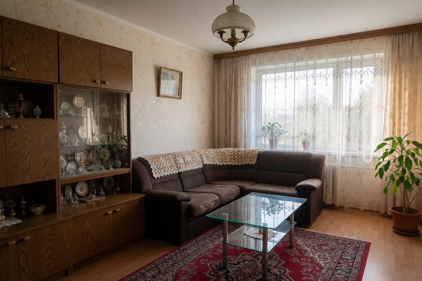 Älteres Wohnzimmer mit dunkelbrauner Eckcouch und Häkeldecke, Schrankwand mit Glastüren, Glascouchtisch, rotem Musterteppich und cremefarbener Tapete