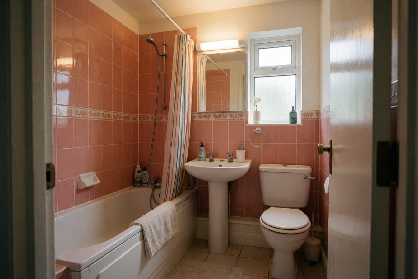 Baño antiguo con azulejo rosa salmón y cenefa floral, bañera con cortina de rayas, lavabo de pie e inodoro blanco