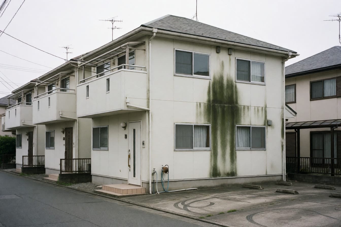 北側に緑のコケ、窓の下に黒い雨だれが出た白いサイディングの建売住宅