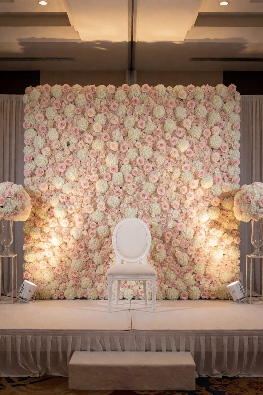 Matangkad na flower wall ng blush pink at puting rosas at hydrangea sa maliit na stage, may puting upuan sa harap at dalawang flower stand