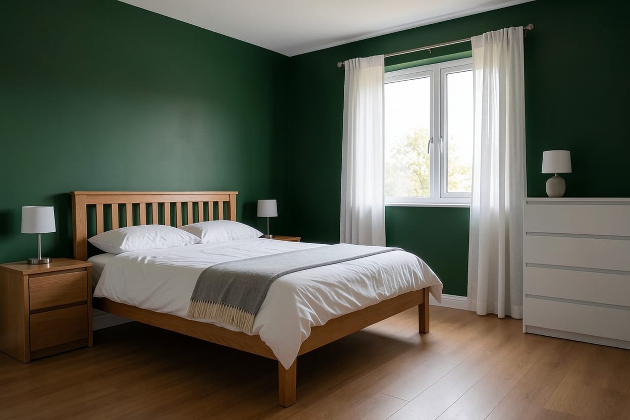 Dasselbe Schlafzimmer mit tannengrün gestrichenen Wänden, weißer Bettwäsche und Möbeln aus heller Eiche