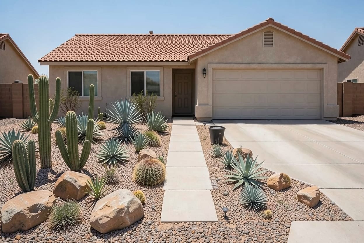 A dry, sun-worn front yard, redesigned as a Desert garden, with the drive and the path to the door kept.