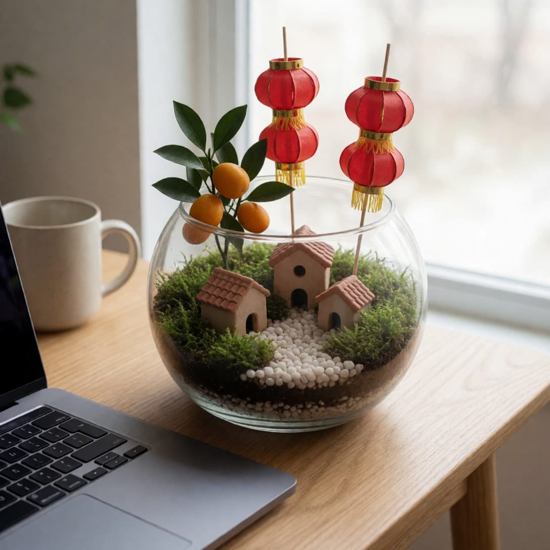Bình terrarium tròn trên bàn gỗ sáng cạnh laptop và cốc, bên trong có rêu, sỏi trắng, nhà đất mái ngói tí hon, nhánh quất và ba đèn lồng đỏ mini