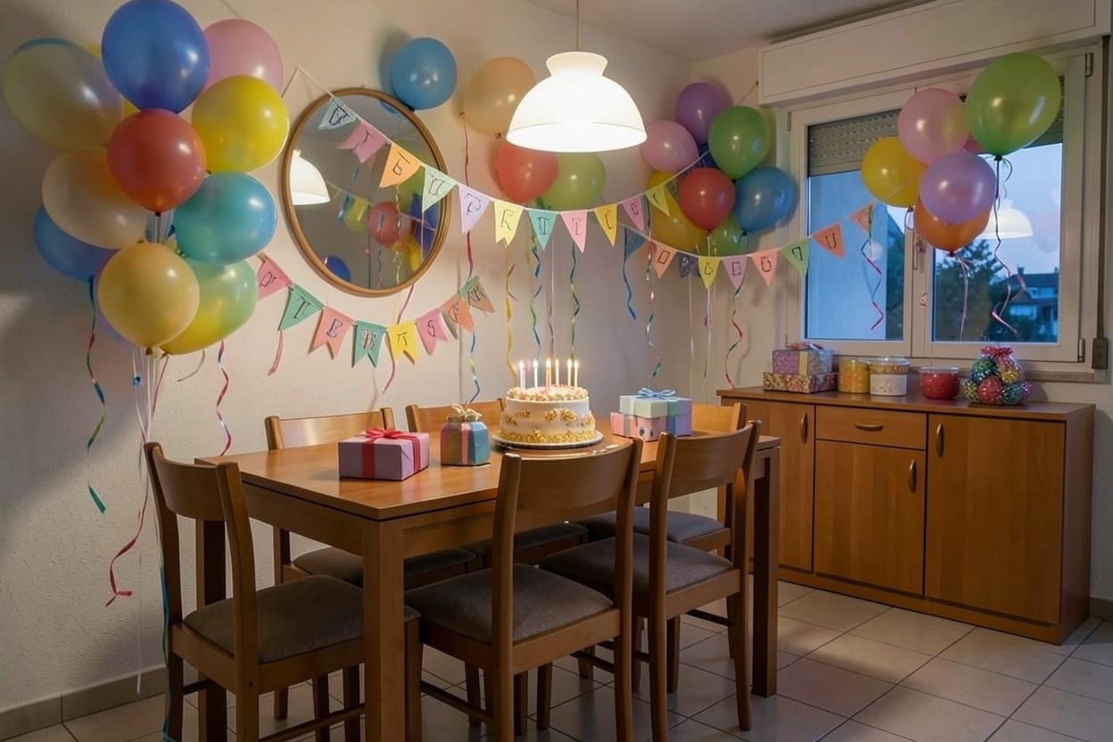 Parehong dining area na dinekorasyunan para sa birthday dinner, may mga lobo sa itaas ng mesa at masayang table setting