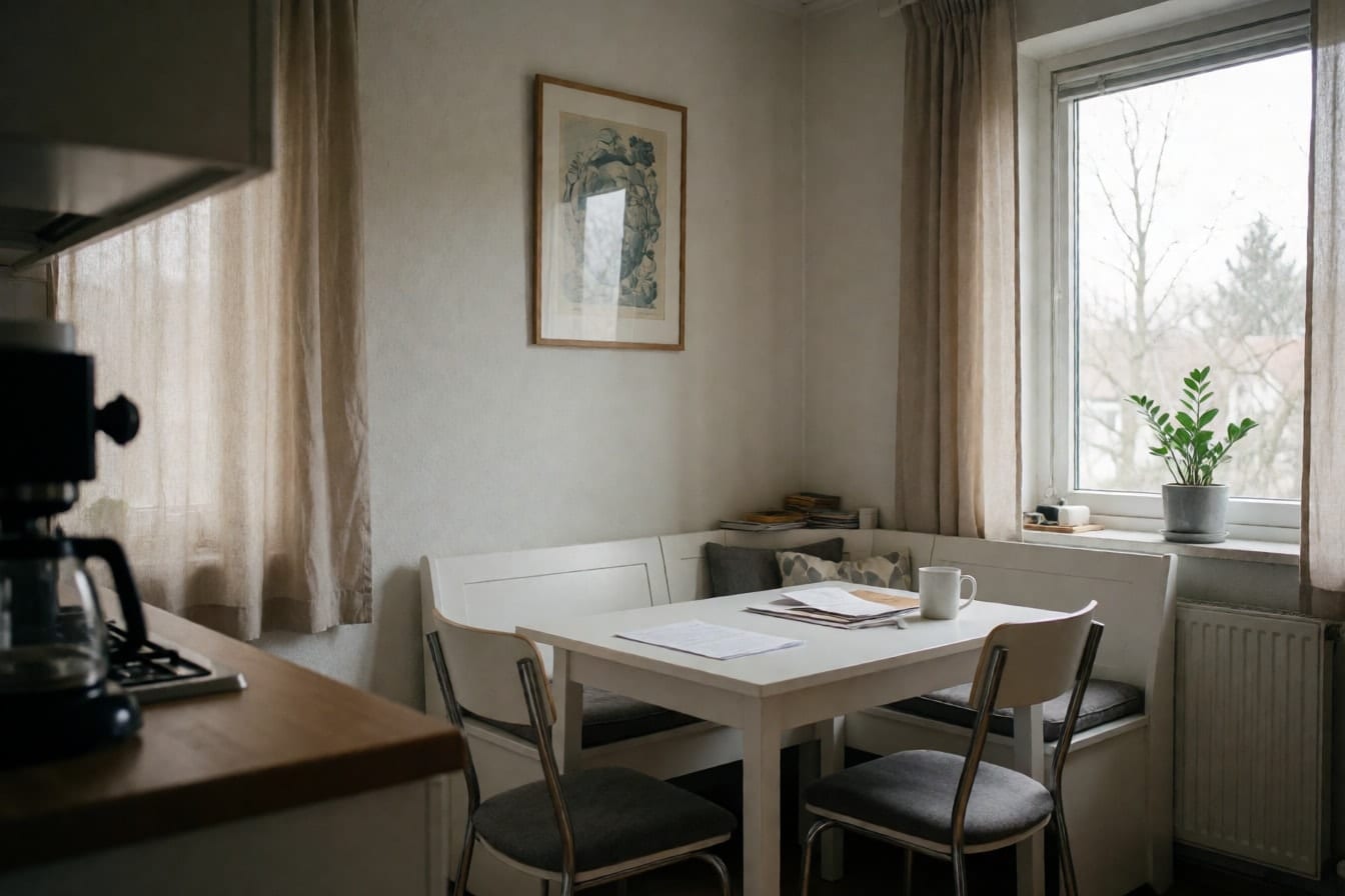 Kleine Essecke mit weißem Tisch, Eckbank mit grauen Polstern, Bild an der Wand und beigen Vorhängen